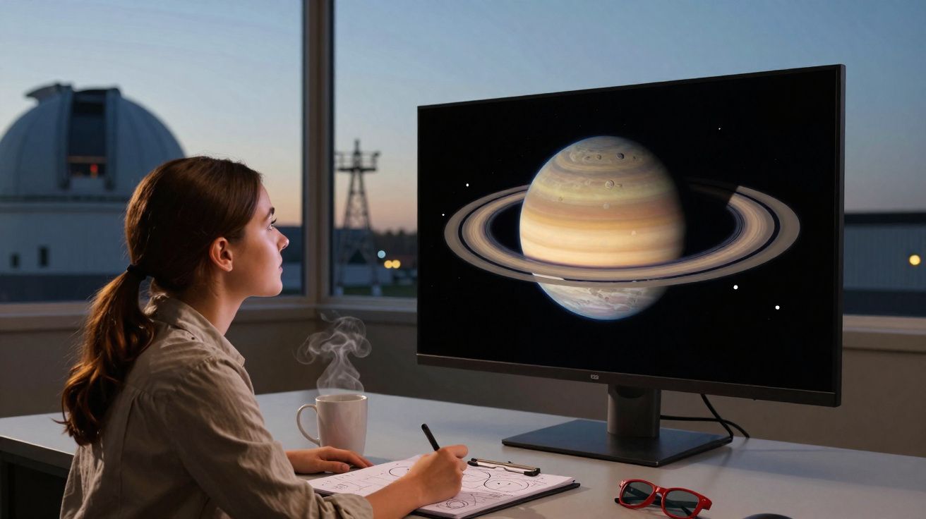 Mulher observa imagem digital do planeta Saturno com anéis num ecrã de computador enquanto desenha.
