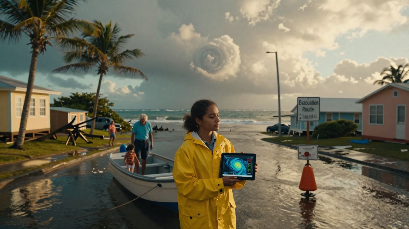 Mulher de impermeável amarelo segura tablet com imagem de furacão, enquanto família prepara barco para evacuação costeira.