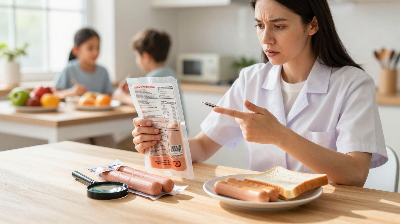 Mulher a analisar rótulo nutricional de salsichas, com prato de pão e salsichas numa mesa, cozinha ao fundo.