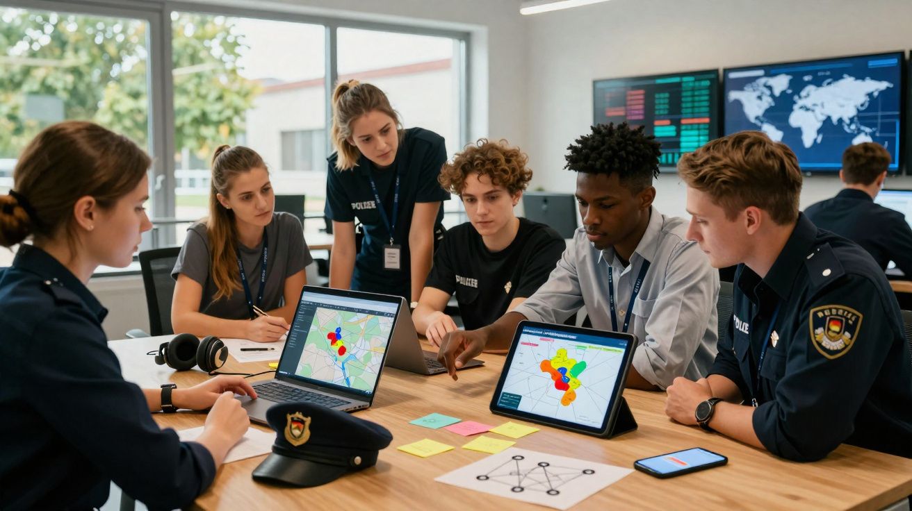 Grupo de jovens polícias reunidos em escritório a analisar mapas em dispositivos digitais numa mesa com post-its coloridos.