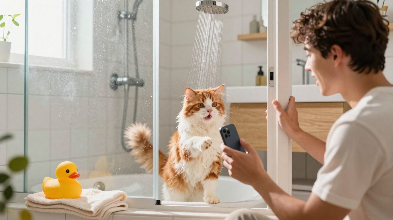 Gato ruivo molhado na banheira a olhar para rapaz sorridente que segura telemóvel dentro da casa de banho.