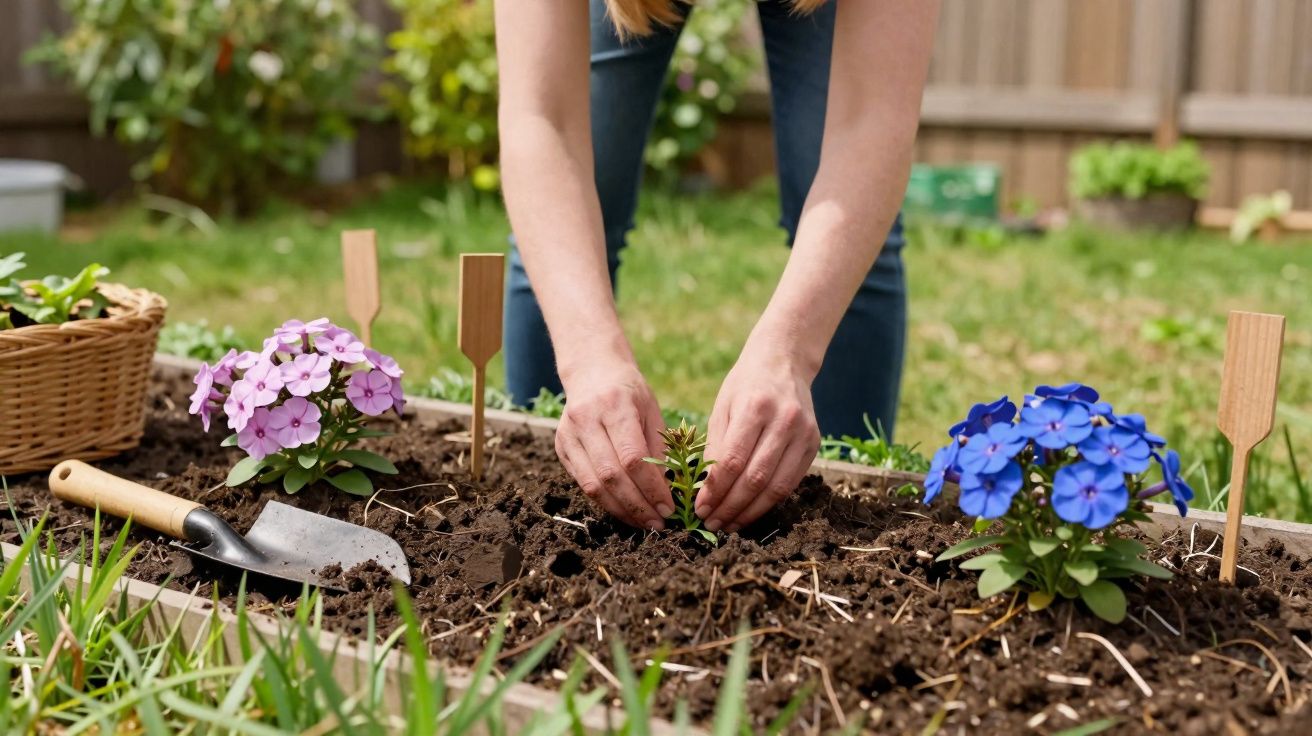 Pessoa a plantar uma muda numa cama de jardim com flores rosas e azuis ao redor.