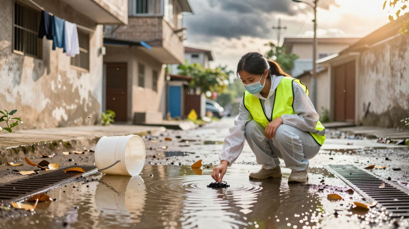 Jovem com colete refletor e máscara examina buraco de drenagem numa rua molhada após a chuva.