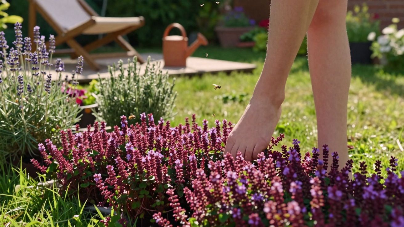 Pés descalços entre flores roxas num jardim com cadeira e regador ao fundo.