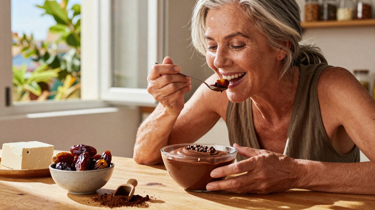 Mulher sorridente a saborear uma colher de pudim de chocolate numa cozinha iluminada, com tâmaras e queijo à frente.