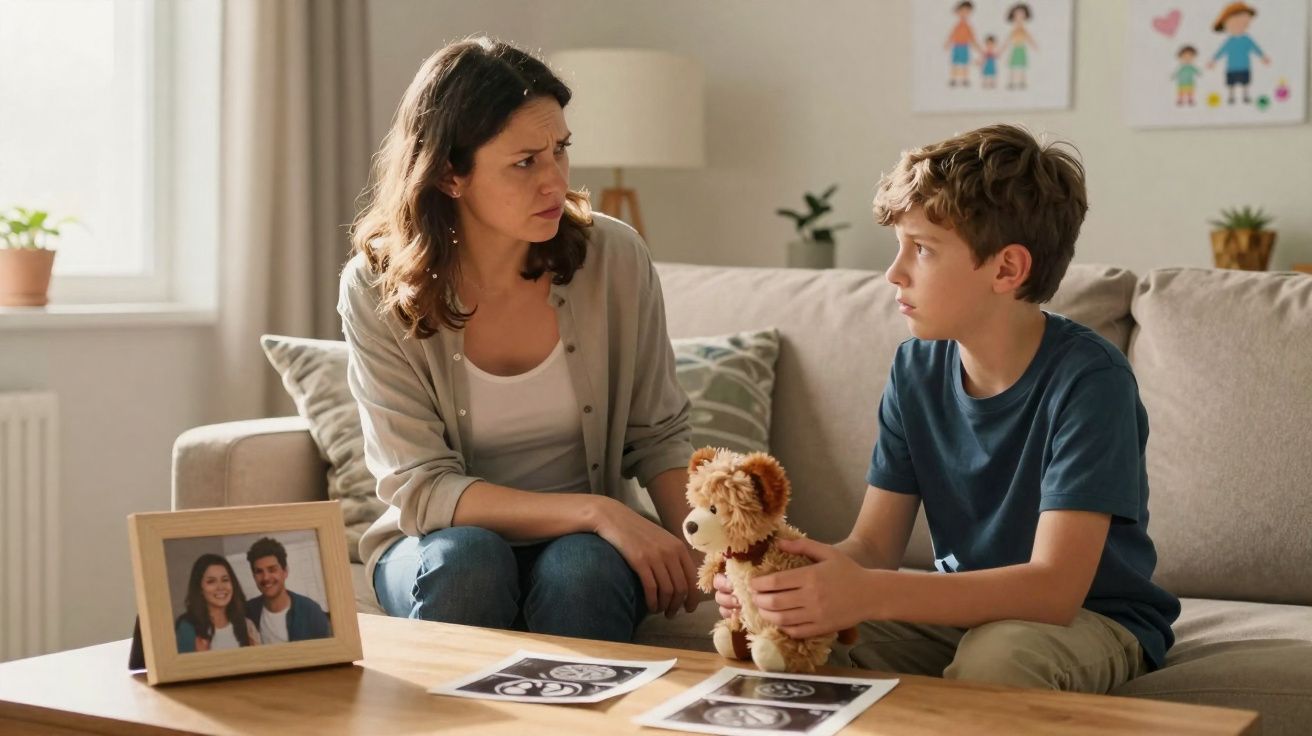 Mulher e menino sentados no sofá, segurando peluche, com fotos de ecografias numa mesa à frente.