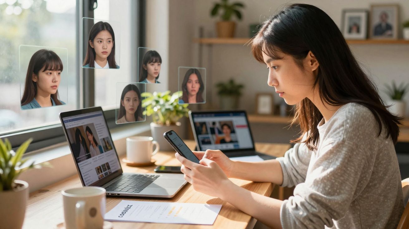 Mulher jovem a analisar perfis online em telemóvel e computador portátil numa mesa de trabalho com plantas.