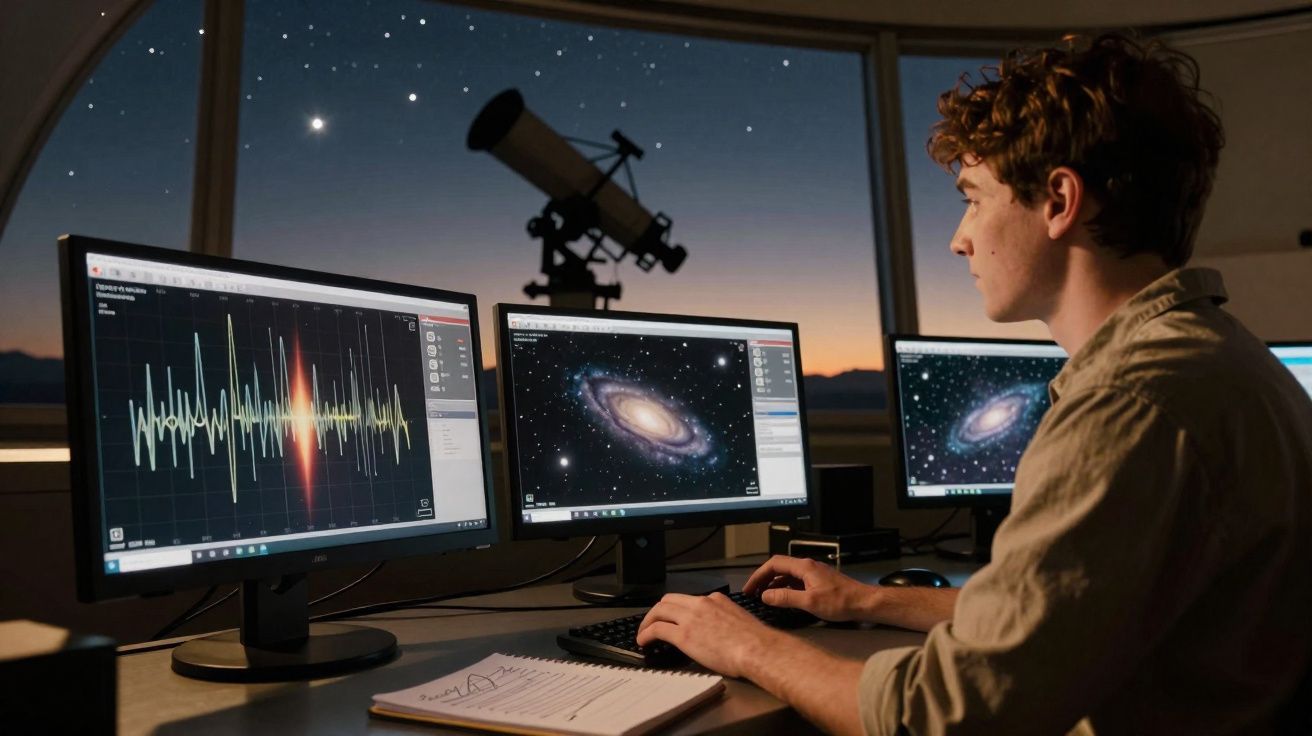 Jovem a analisar dados e imagens de galáxias em três ecrãs, com telescópio e céu estrelado ao fundo.