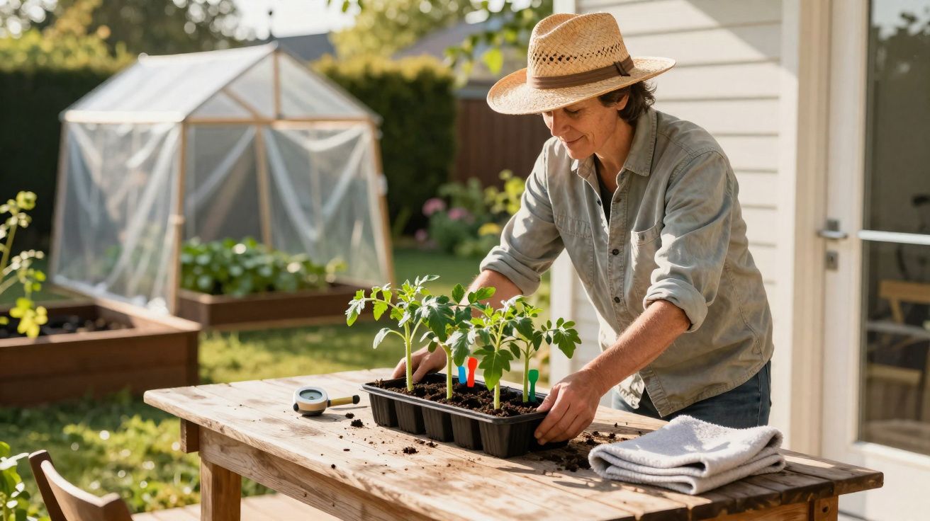 Pessoa a cuidar de plantas num tabuleiro, num jardim com estufa ao fundo, num dia ensolarado.