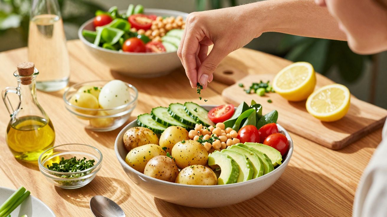 Pessoa a temperar salada com batatas, pepino, tomate, grão-de-bico e abacate numa mesa de madeira.