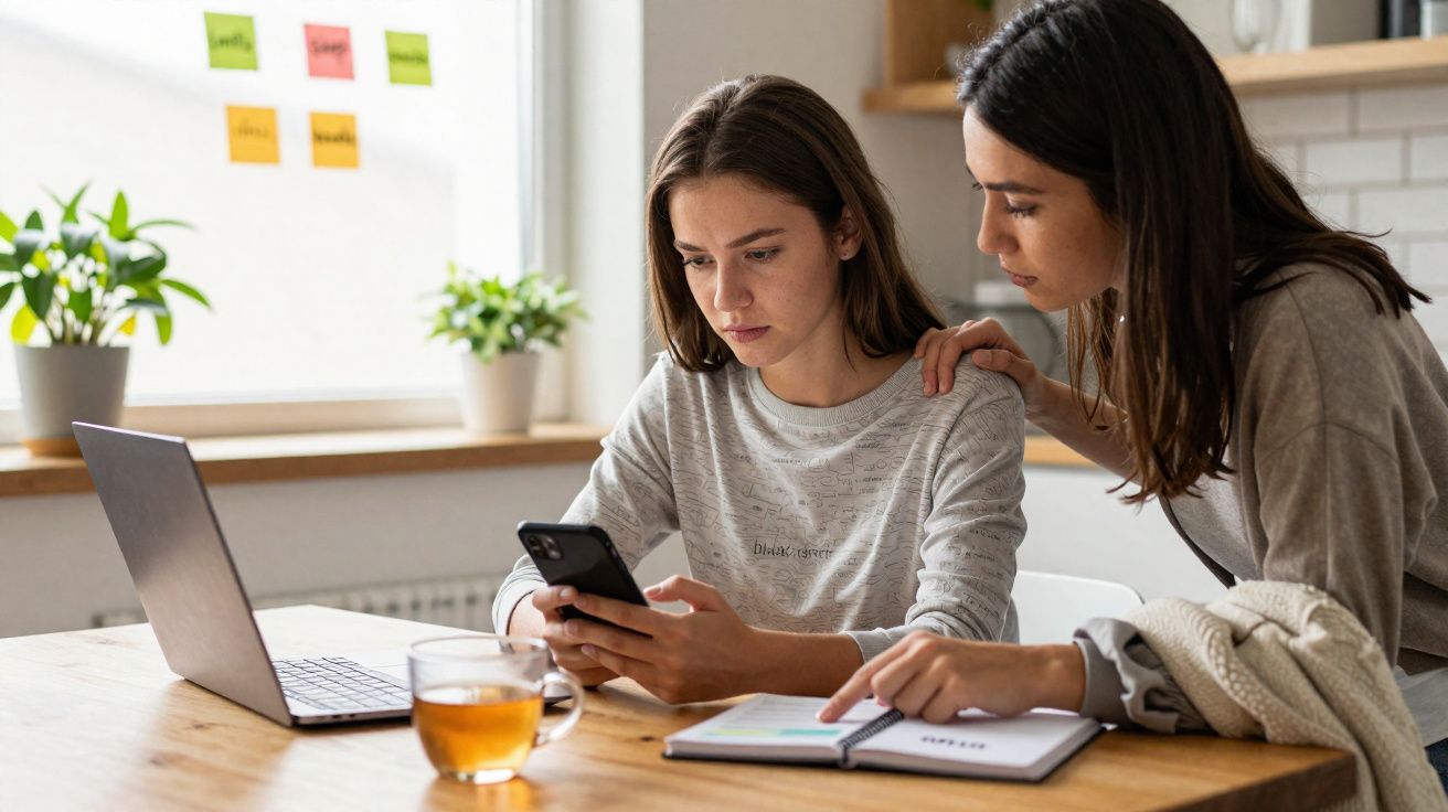 Duas mulheres juntas numa mesa, uma segura um telemóvel e a outra apoia-se no ombro dela, mostrando um caderno.