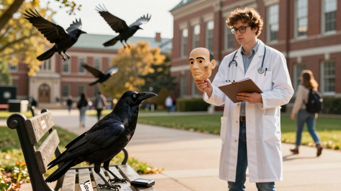Homem de bata branca segura máscara humana perto de corvos num banco de jardim em campus universitário.