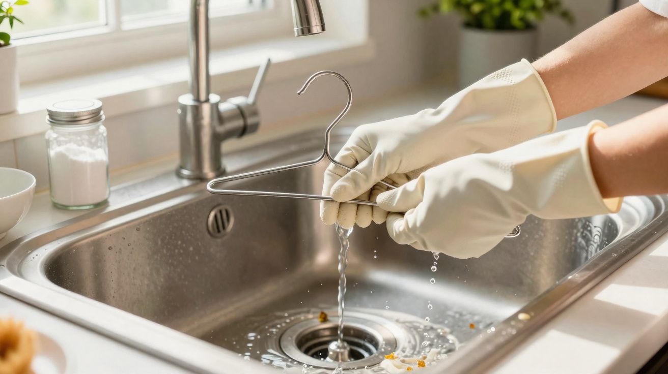 Pessoa a lavar cabide de metal com luvas brancas numa pia de cozinha em inox com água corrente.