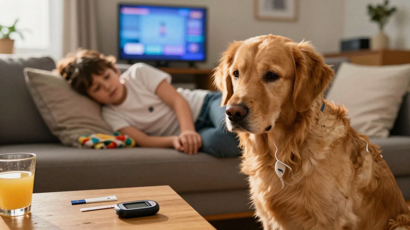 Criança deitada no sofá e cão Golden Retriever na sala com dispositivos de medição de glicose na mesa.
