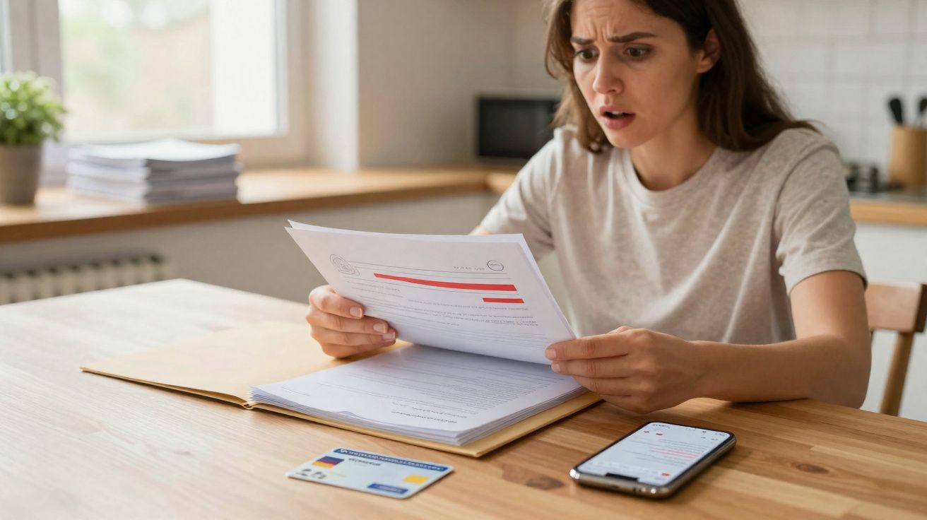 Mulher preocupada a analisar faturas e documentos na mesa com cartão e telemóvel à frente.