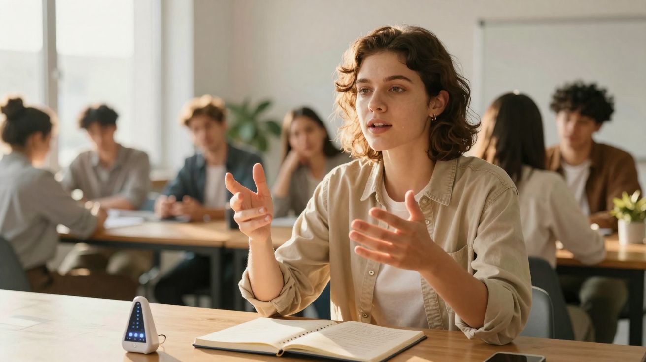 Jovem mulher a falar e gesticular numa reunião, com caderno aberto à sua frente e pessoas a discutir ao fundo.