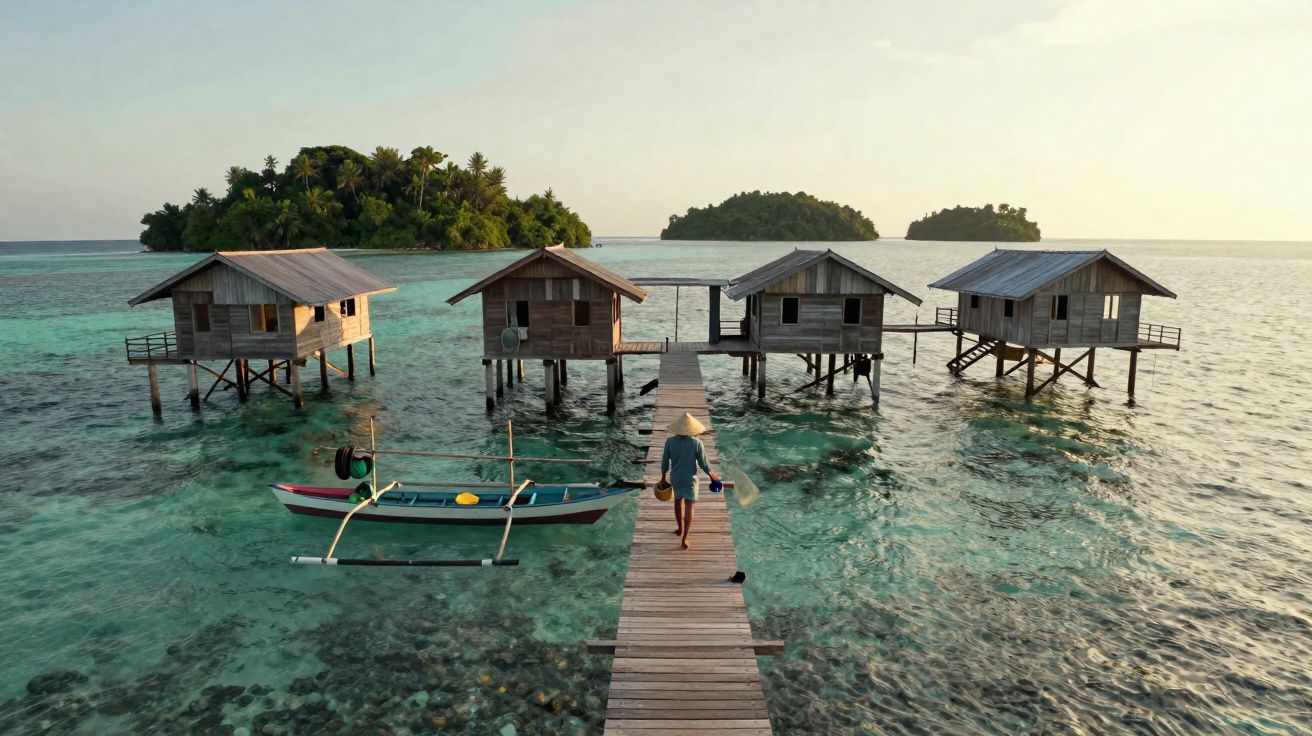 Pessoa a caminhar numa passadeira de madeira sobre água turquesa, casas de madeira sobre o mar e ilhas ao fundo.