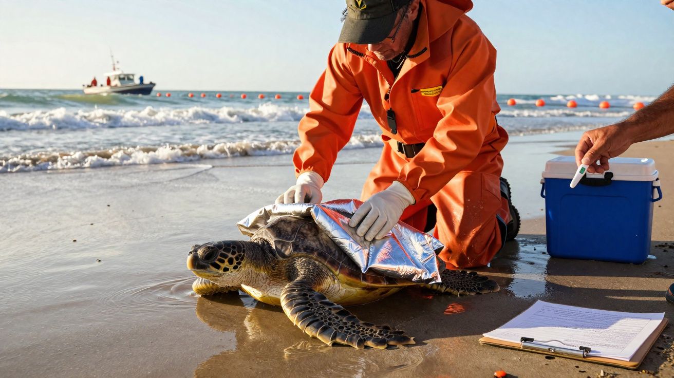 Voluntário enrola tartaruga marinha com manta térmica na praia durante resgate.