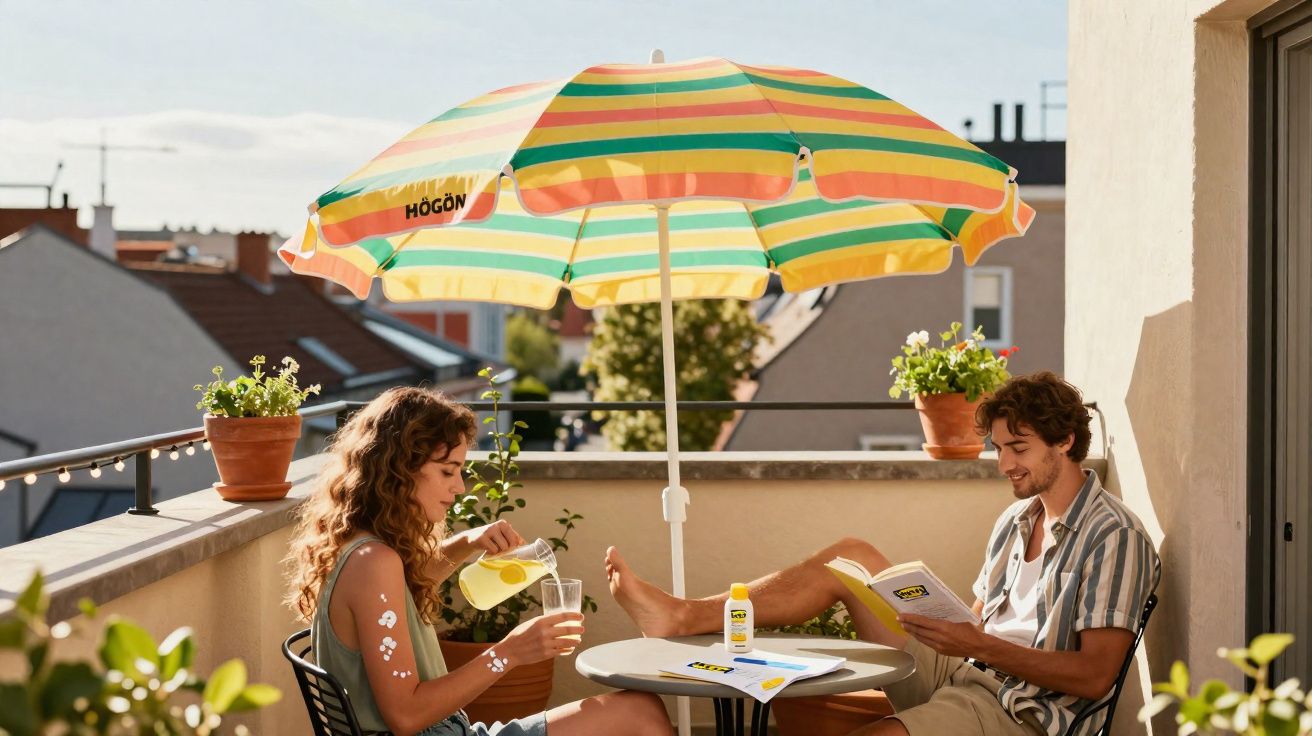 Casal relaxa numa varanda com guarda-sol colorido, rociando protetor solar e lendo ao sol.