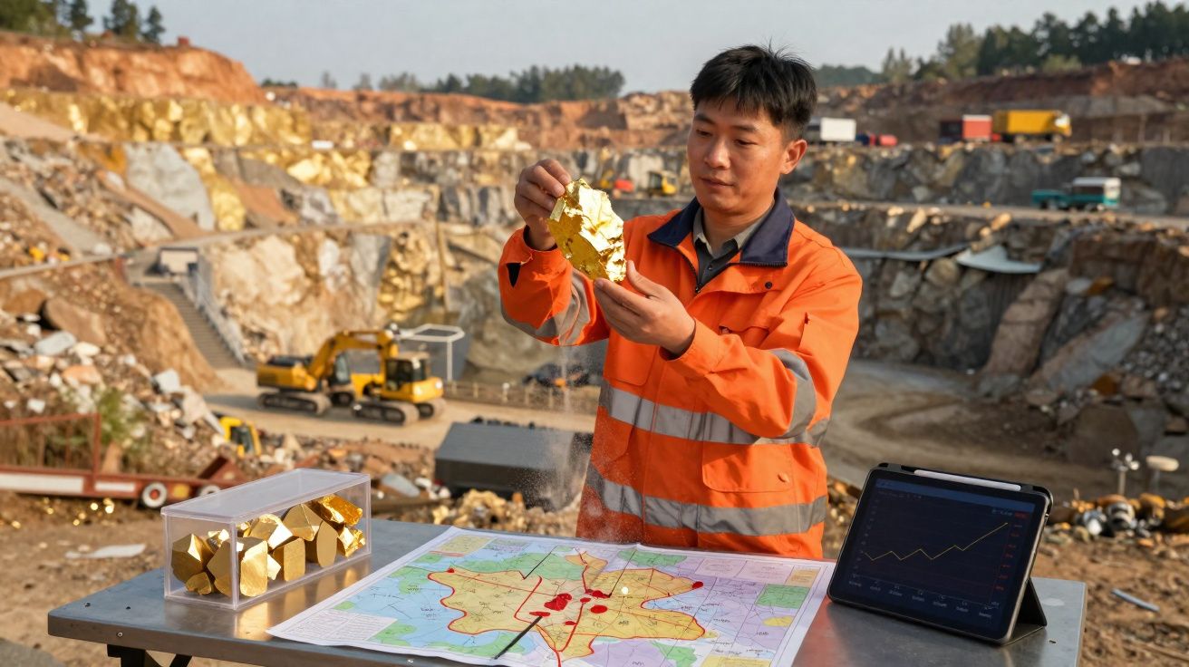 Homem com fato de proteção laranja a analisar pepita de ouro em mina, com mapas e gráfico numa mesa.