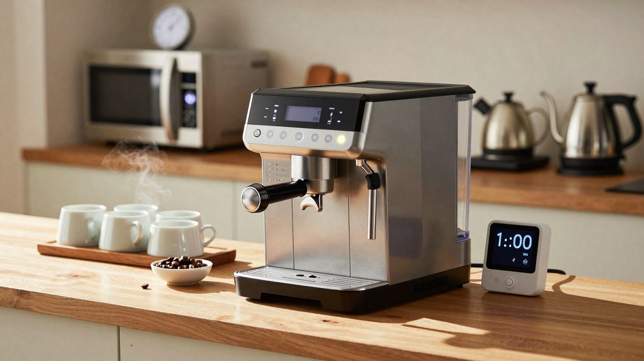 Máquina de café expresso metálica numa bancada com chávenas, grãos de café e relógio digital ao lado.