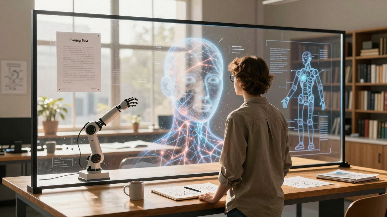 Pessoa a analisar holograma de sistema nervoso e esqueleto robótico numa sala moderna de escritório.