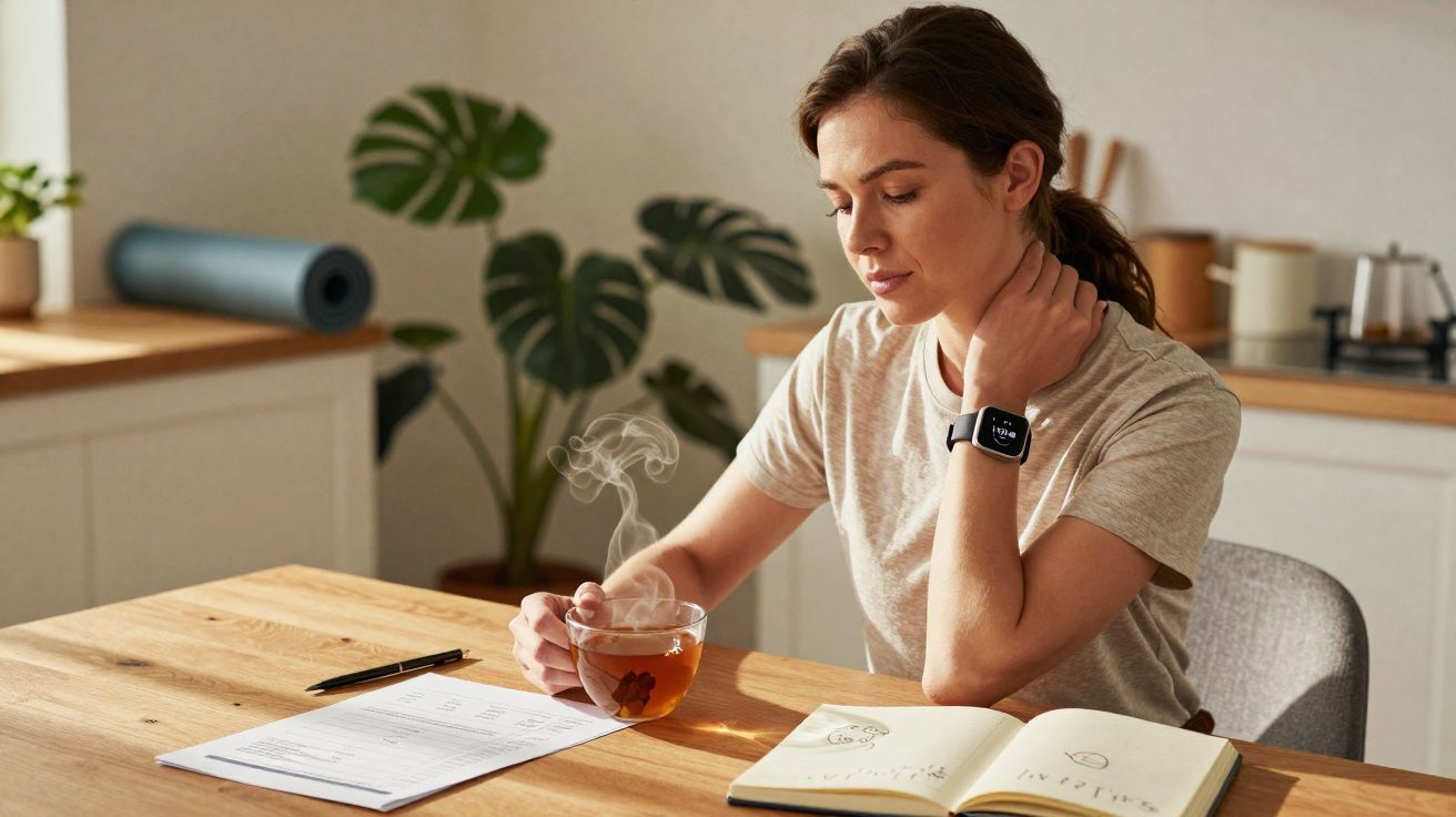 Mulher sentada numa mesa a beber chá quente, com caderno aberto e documentos à sua frente.