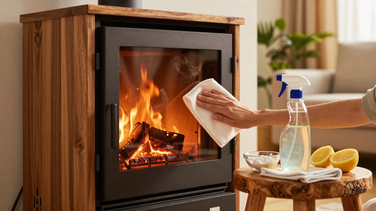 Mão a limpar a porta de vidro de uma lareira com fogo aceso, com spray e limão numa mesa ao lado.