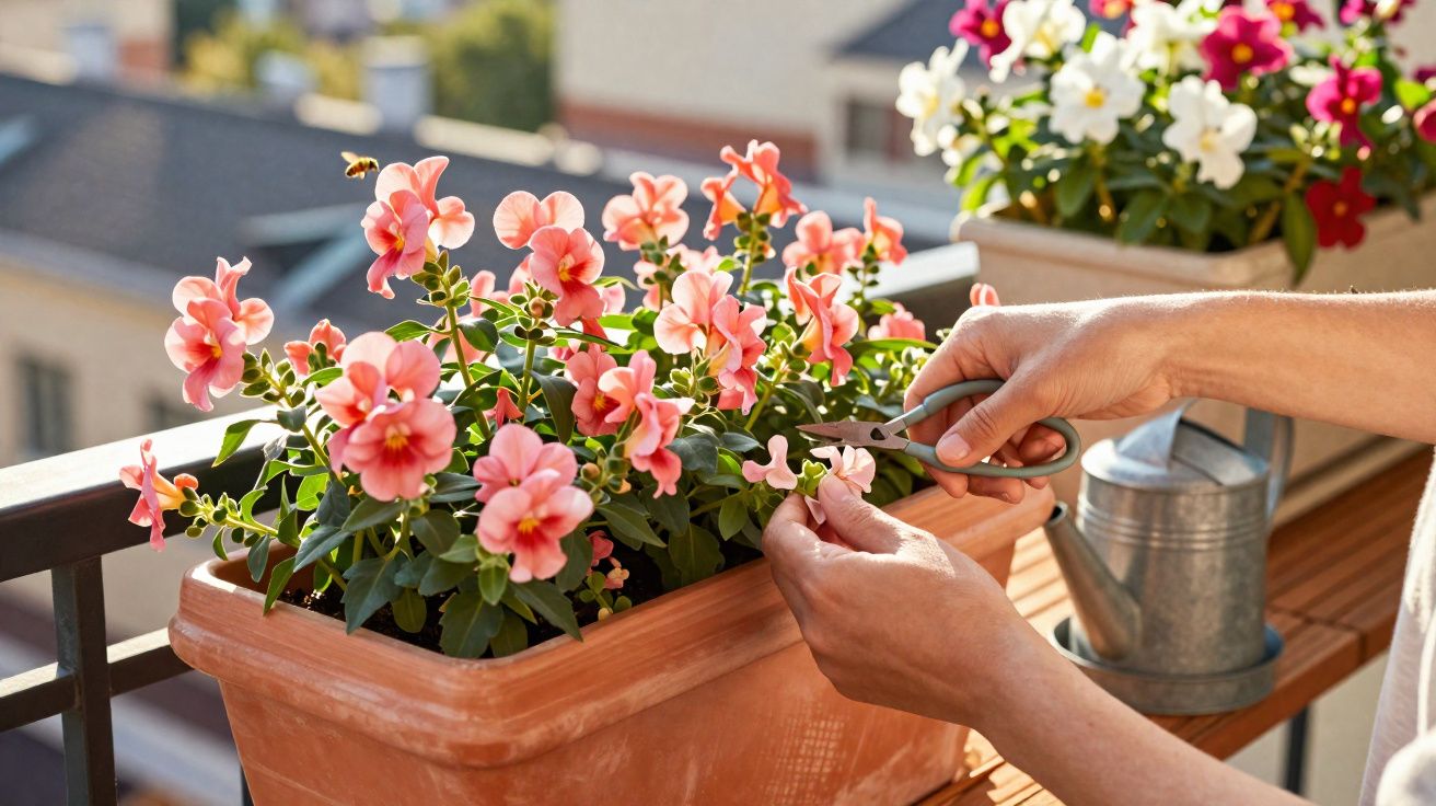 Pessoas a podar flores cor-de-rosa num vaso de cerâmica num varandas com regador metálico ao lado.