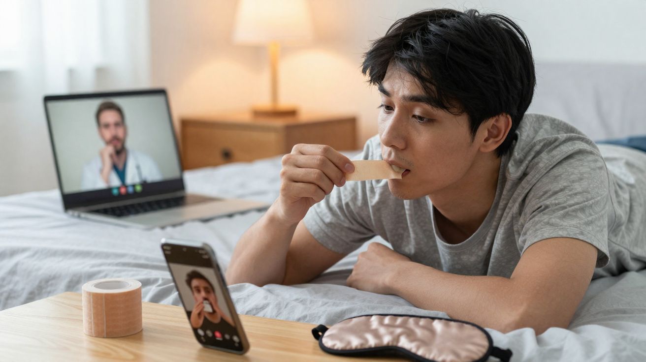 Homem deitado na cama aplica tira adesiva no lábio durante consulta médica online.