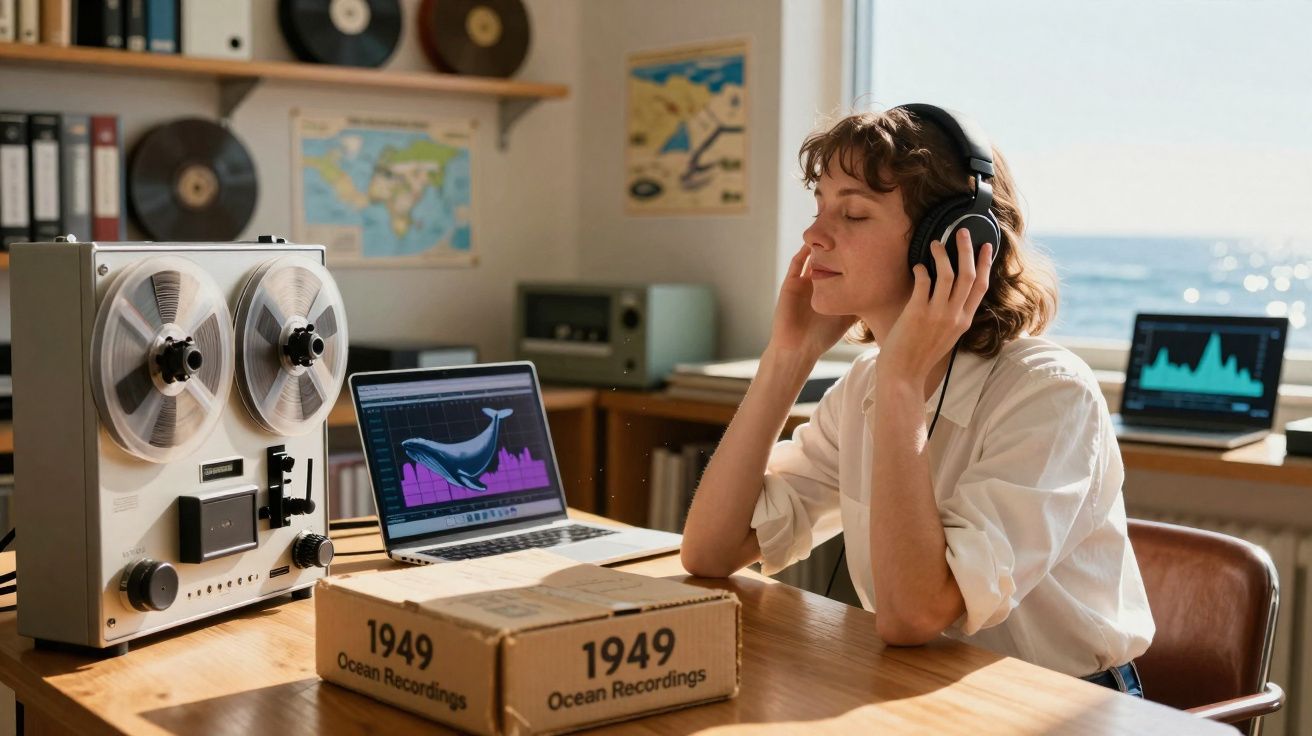 Mulher com auscultadores a ouvir música num estúdio com fita de gravação e computador portátil.