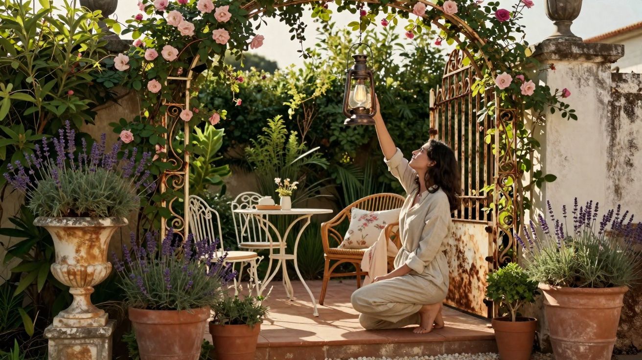 Mulher ajoelhada num jardim com flores e plantas, segurando um candeeiro antigo sob um arco florido.
