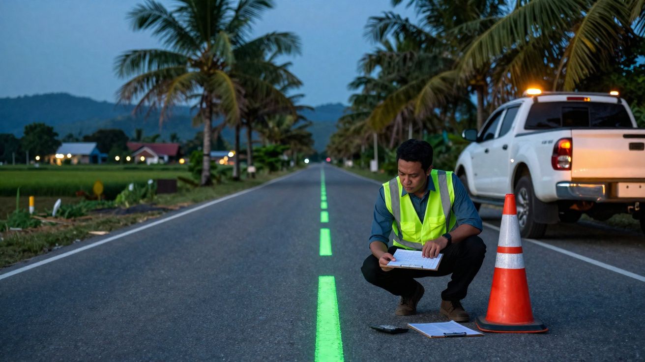 Homem com colete refletor verifica marcações numa estrada à beira de uma viatura branca e cone laranja ao entardecer.