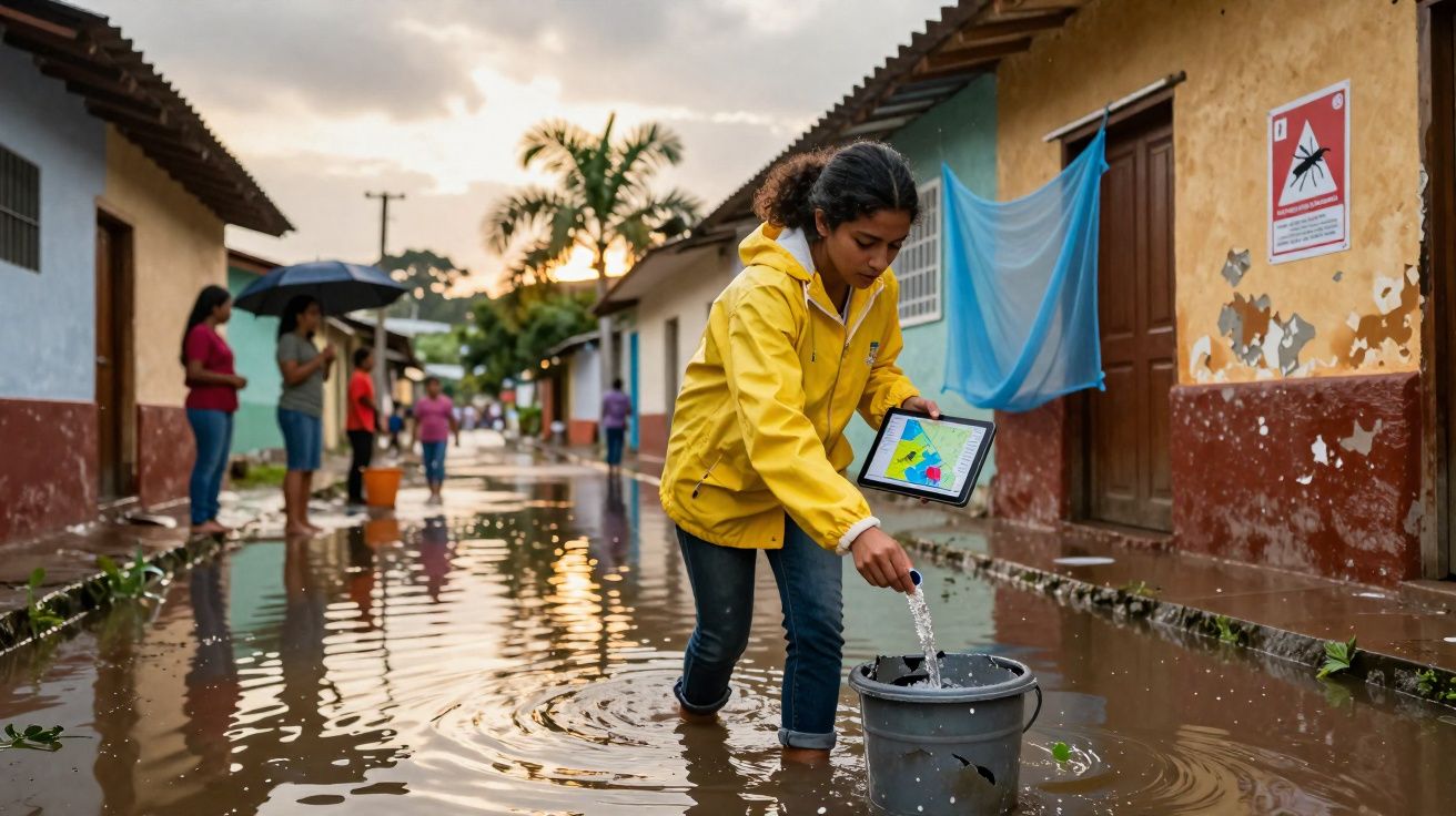 Mulher com impermeável amarelo recolhe água de enchente numa rua alagada durante o pôr do sol.
