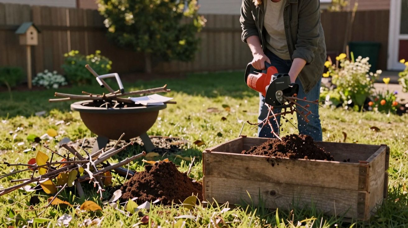 Pessoa a triturar ramos com ferramenta elétrica para encher um vaso de madeira com terra num jardim.