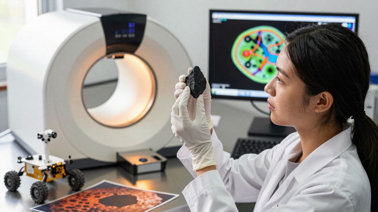 Cientista de laboratório segura rocha negra perto de scanner e monitor com imagens científicas.