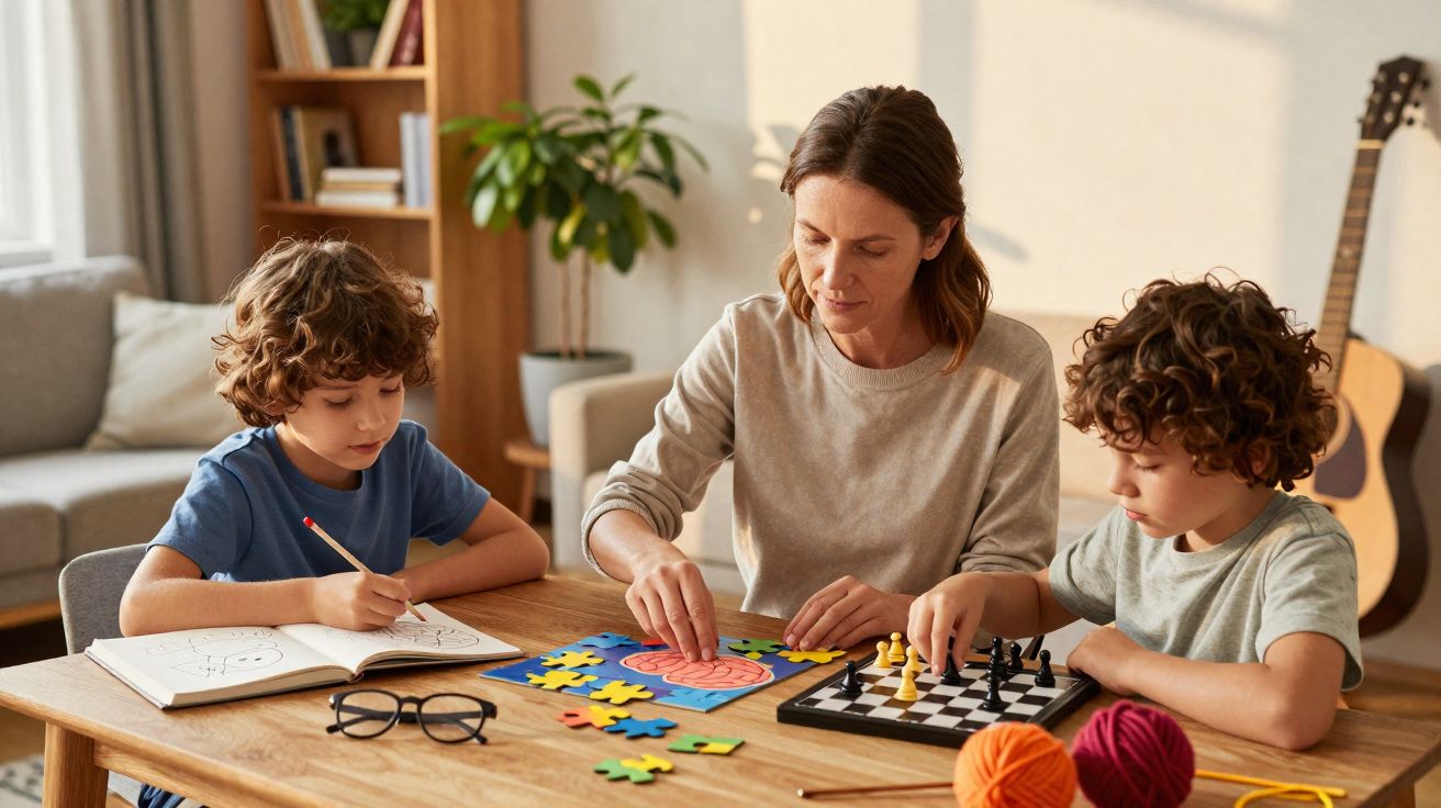 Mulher ajuda duas crianças a montar puzzle e jogar xadrez numa mesa de madeira em sala iluminada natural.