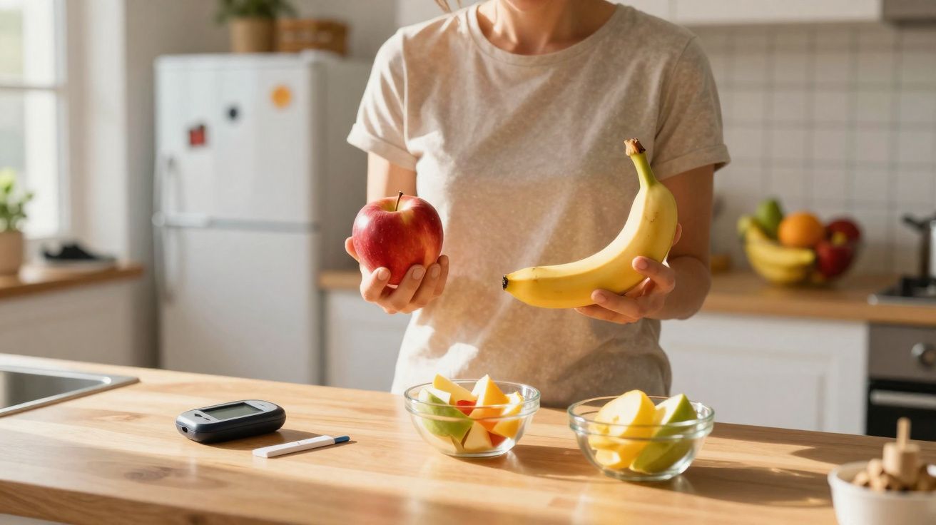 Pessoa segura maçã vermelha e banana numa cozinha com fruteira e medidor de glicemia na mesa.