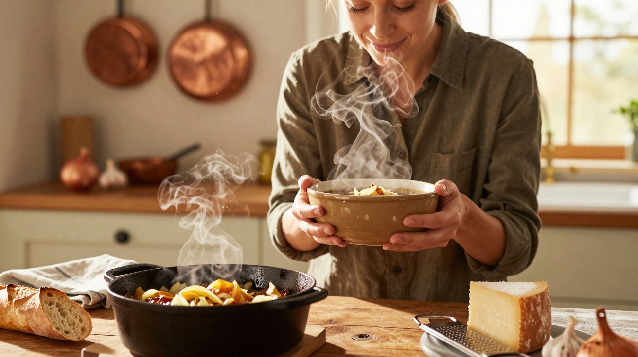 Mulher a cheirar e apreciar um prato de comida quente numa cozinha rústica com cobre e pão na mesa.