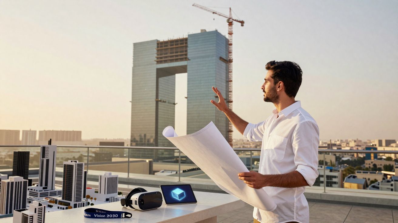 Homem com planta arquitetónica inspeciona maquete e edifício em construção ao ar livre ao pôr do sol.