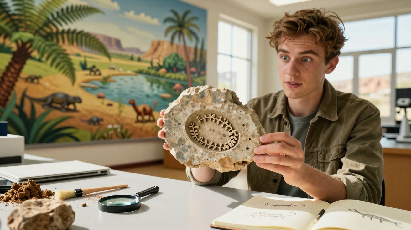 Jovem a examinar fóssil com esqueleto de lagarto em laboratório com ilustração de dinossauros ao fundo.