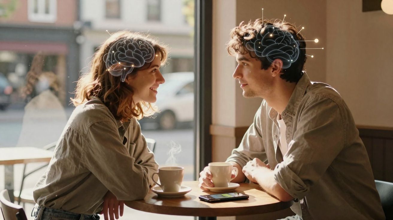 Dois jovens sentados à mesa de café a conversar, com ilustrações de cérebros acima das suas cabeças.