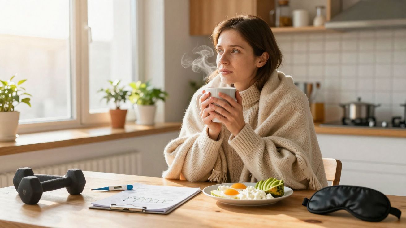 Mulher pensativa embrulhada em manta, segurando chá, com prato de comida saudável na cozinha iluminada.