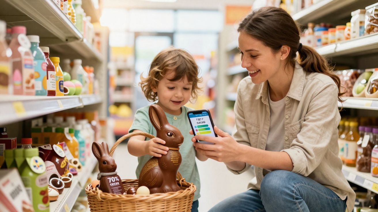 Criança e mulher no supermercado com coelhos de chocolate numa cesta, a usarem um telemóvel.