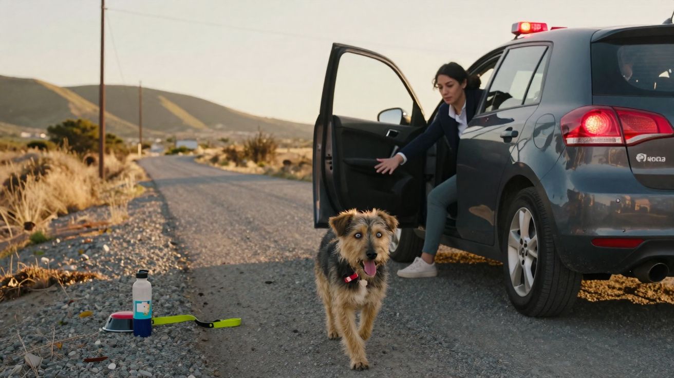 Mulher de saída de carro no meio da estrada rural com cão a passear sozinho à frente do veículo.