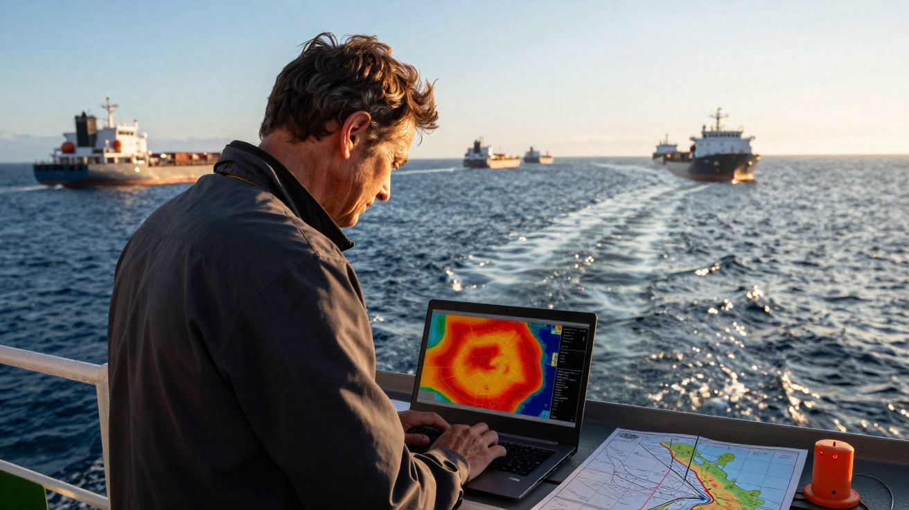 Homem a usar computador com gráficos térmicos no convés de barco, com vários navios no mar ao fundo.
