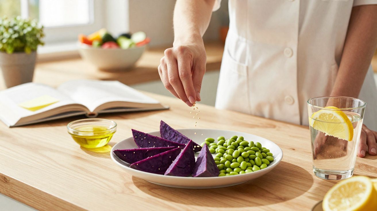 Pessoa a temperar batatas doce roxas e ervilhas numa mesa de madeira com copo de água e limão.