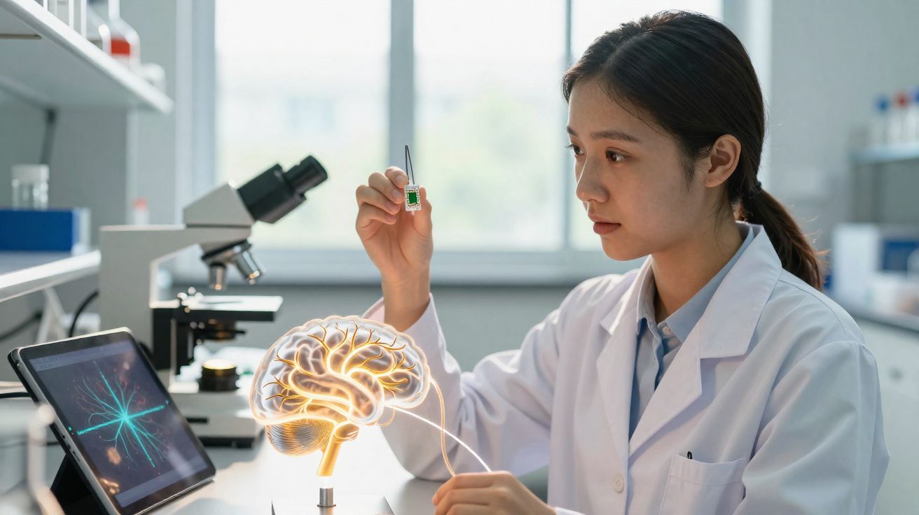 Investigadora em laboratório a analisar dispositivo eletrônico com imagem digital do cérebro e tablet.