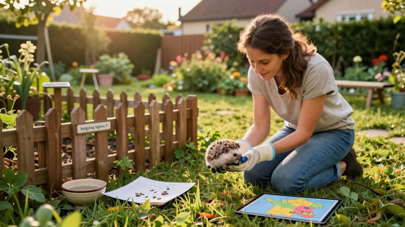 Mulher sentada no jardim a segurar um ouriço-cacheiro com luvas, cercado de plantas e materiais de estudo.