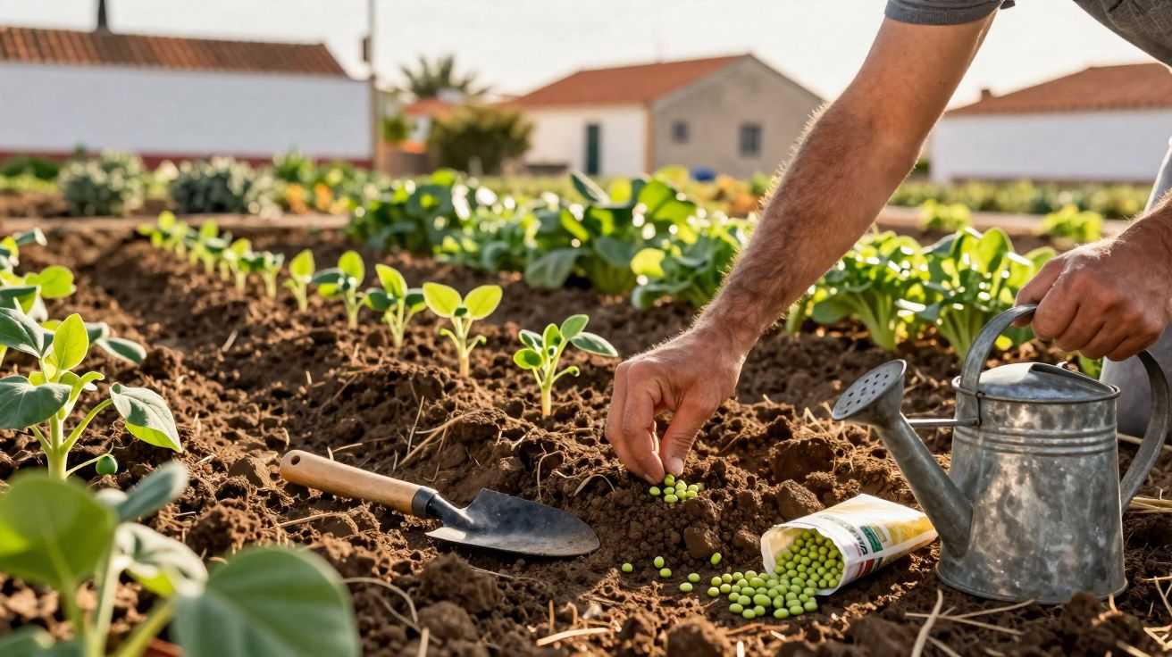 Pessoa a semear ervilhas num canteiro de terra com regador e enxada num jardim ao ar livre.